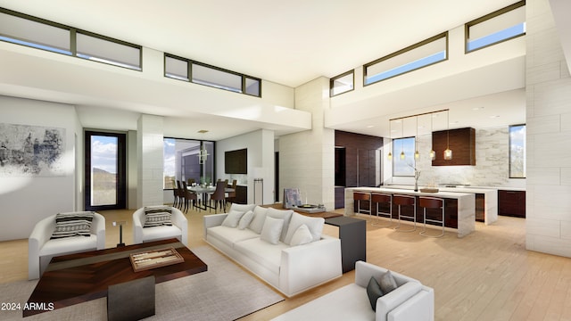 living room featuring a high ceiling and light hardwood / wood-style floors