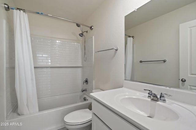 full bathroom featuring vanity, shower / tub combo with curtain, and toilet