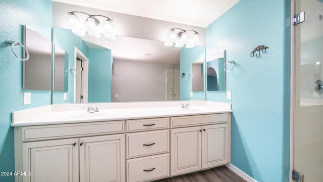 bathroom featuring vanity, a shower, and wood-type flooring