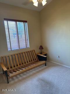 unfurnished room featuring baseboards, a ceiling fan, and carpet