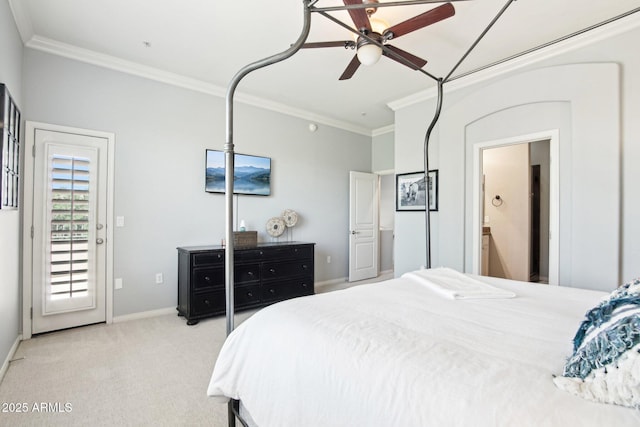 bedroom featuring crown molding, baseboards, light carpet, a ceiling fan, and connected bathroom