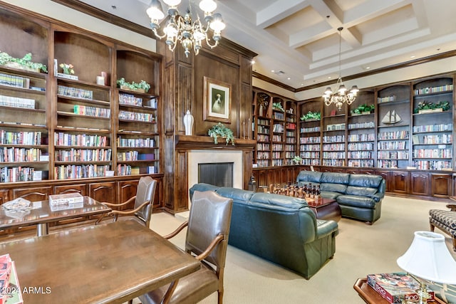 living area featuring light carpet, beam ceiling, a chandelier, built in features, and coffered ceiling