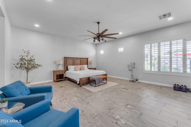 bedroom featuring light wood-type flooring and ceiling fan