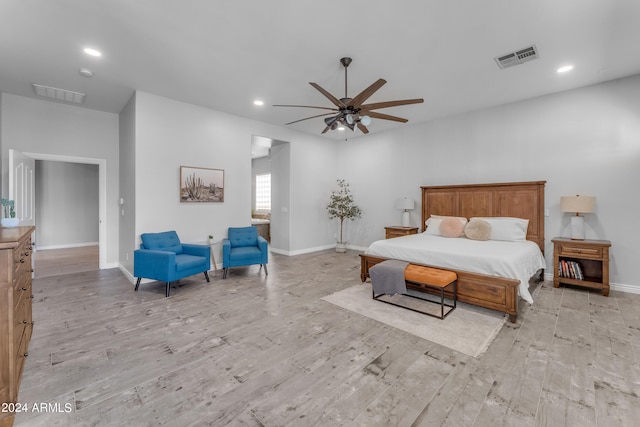 bedroom featuring light hardwood / wood-style floors and ceiling fan