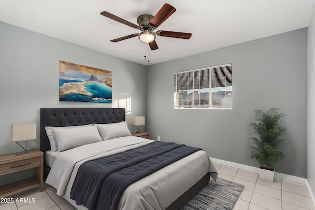 bedroom featuring ceiling fan and light tile patterned flooring