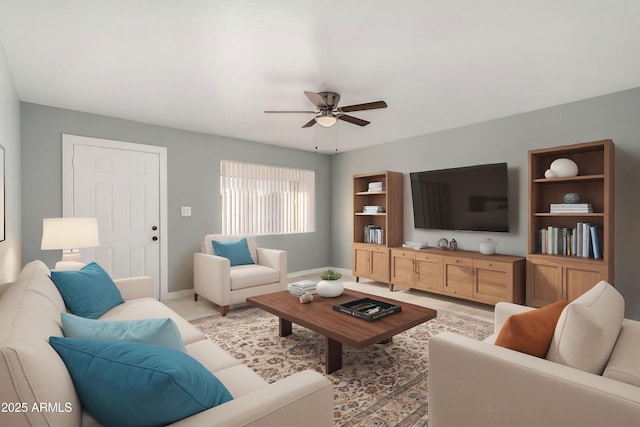 living room with ceiling fan