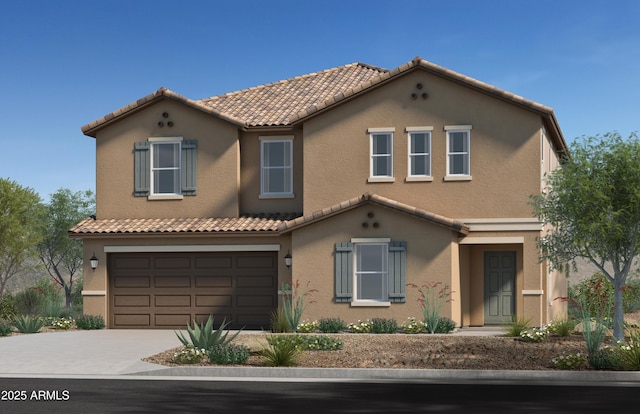 mediterranean / spanish-style house with driveway, a tile roof, a garage, and stucco siding