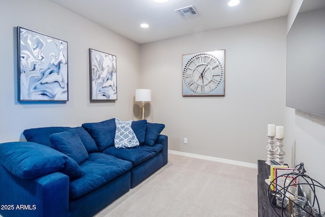 living room with recessed lighting, carpet, visible vents, and baseboards