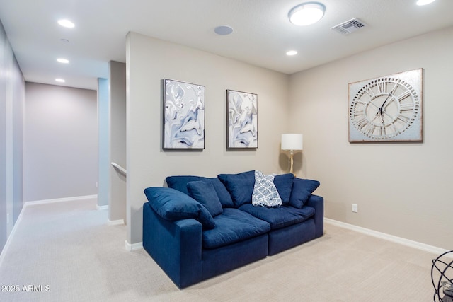 living room with carpet, visible vents, baseboards, and recessed lighting