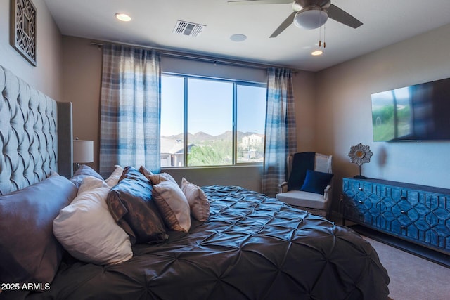 bedroom with carpet, visible vents, a ceiling fan, and recessed lighting