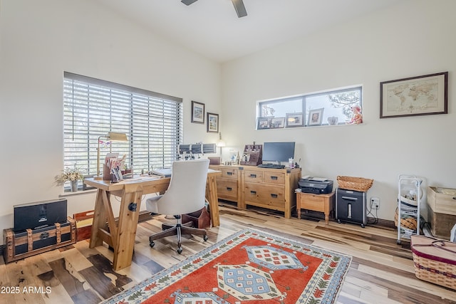 home office featuring ceiling fan and wood finished floors