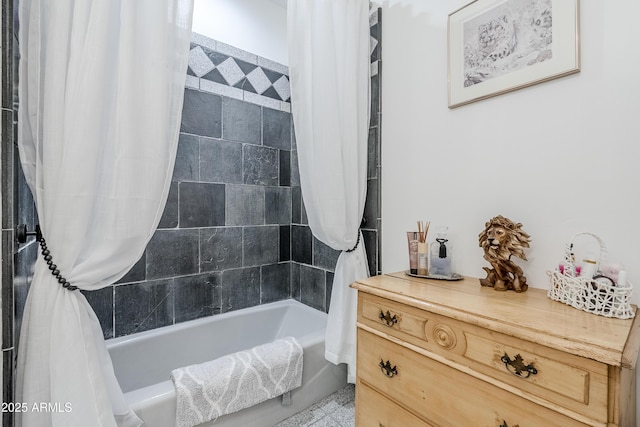 bathroom with shower / bathtub combination with curtain