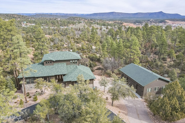 birds eye view of property with a mountain view and a view of trees