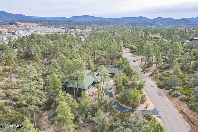 drone / aerial view featuring a mountain view and a view of trees