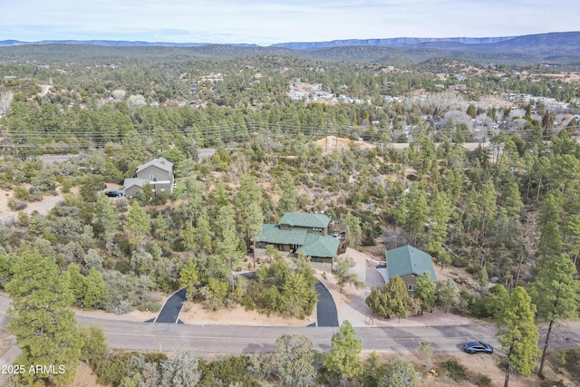 bird's eye view featuring a mountain view and a view of trees