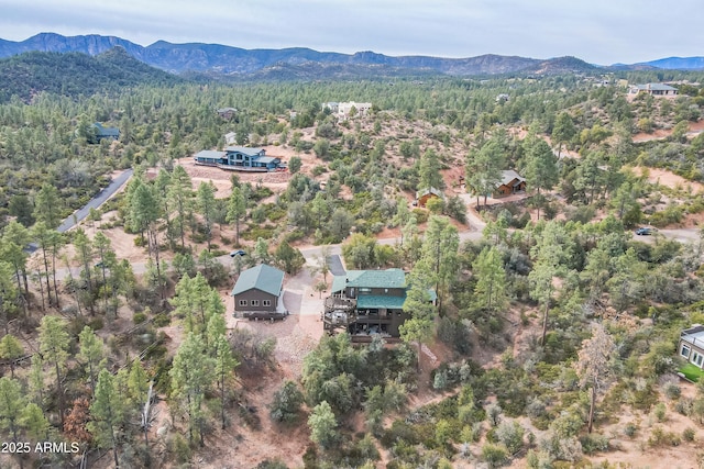 drone / aerial view featuring a wooded view and a mountain view