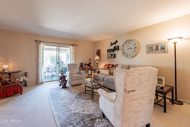 living room with a textured ceiling and carpet floors