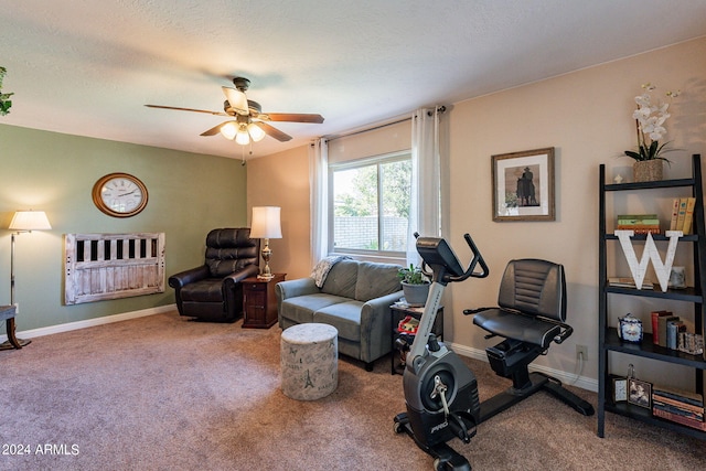 exercise area with carpet, ceiling fan, and a textured ceiling