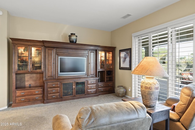 living room featuring light colored carpet