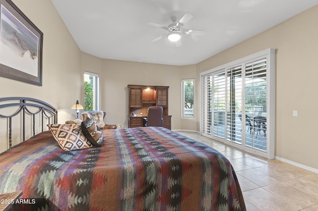 bedroom with ceiling fan, access to exterior, light tile patterned floors, and multiple windows