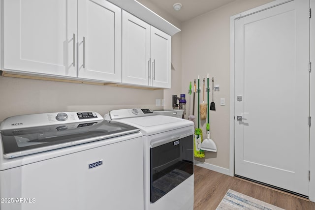 4947 N Mclaury Dr, Prescott Valley, AZ 86314 - clothes washing area with light wood-style flooring, cabinet space, baseboards, and washer and dryer