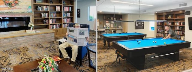 game room featuring a fireplace, visible vents, and pool table