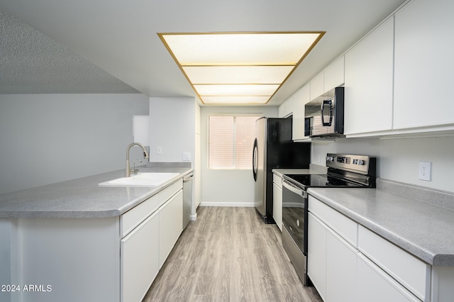 kitchen featuring stainless steel appliances, white cabinetry, a sink, light wood-type flooring, and a peninsula