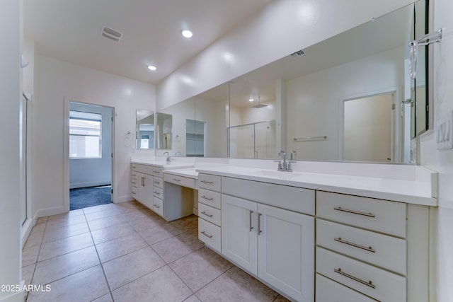 4927 S Tune, Mesa, AZ 85212 - bathroom featuring vanity, tile patterned flooring, a shower stall, and recessed lighting