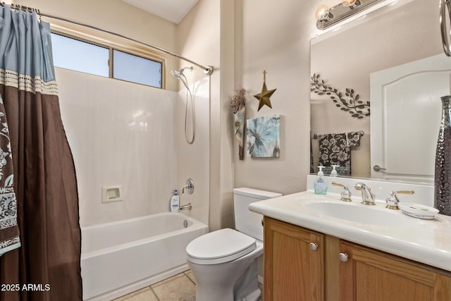 full bath featuring tile patterned floors, toilet, shower / bath combo, and vanity