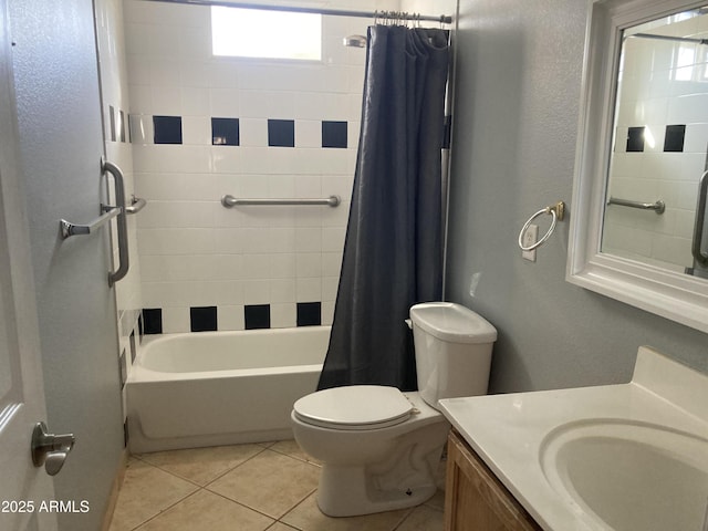 full bathroom with tile patterned flooring, shower / bath combo, vanity, and toilet