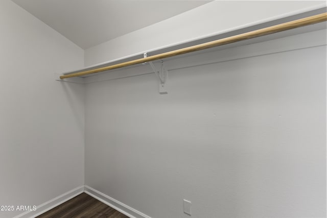 walk in closet with dark hardwood / wood-style floors