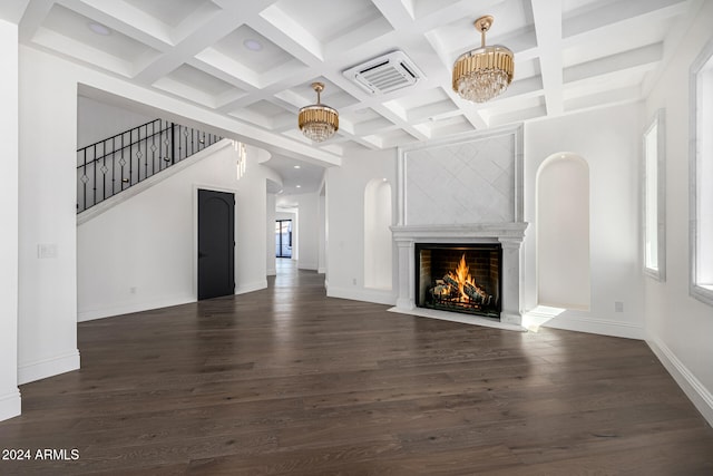 unfurnished living room with coffered ceiling, beamed ceiling, and dark hardwood / wood-style floors