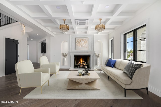 living room with beamed ceiling, dark hardwood / wood-style floors, and coffered ceiling