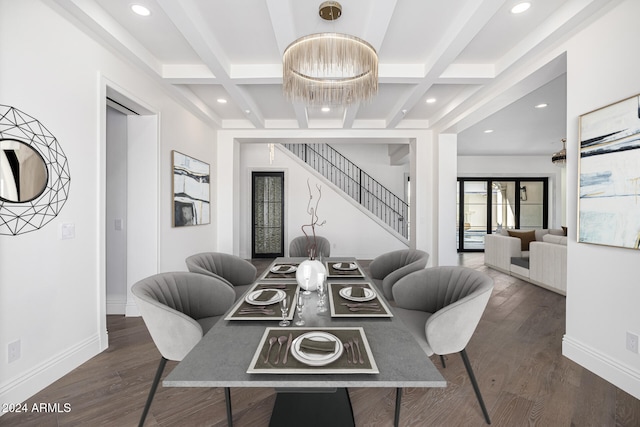 dining room with beamed ceiling, dark hardwood / wood-style flooring, and coffered ceiling