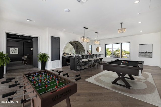 recreation room with dark hardwood / wood-style floors and pool table