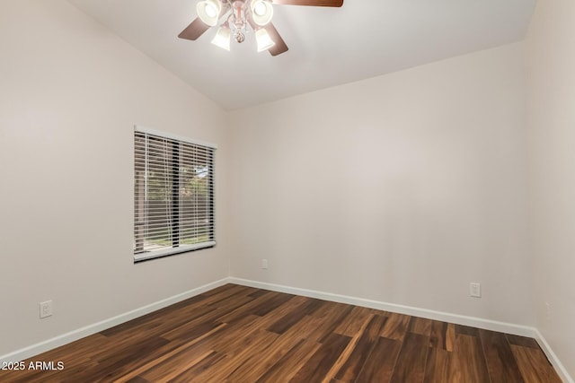 869 W Emerald Island Dr, Gilbert, AZ 85233 - empty room featuring ceiling fan, lofted ceiling, baseboards, and dark wood-type flooring