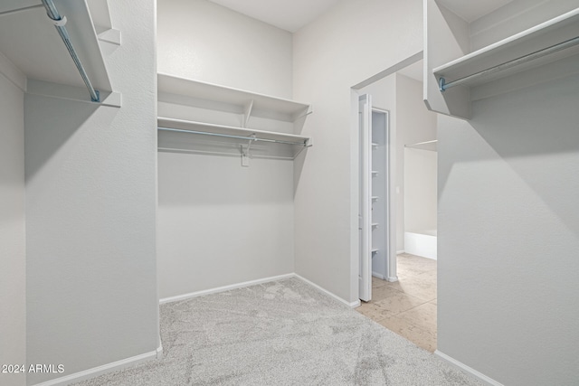 walk in closet with light colored carpet