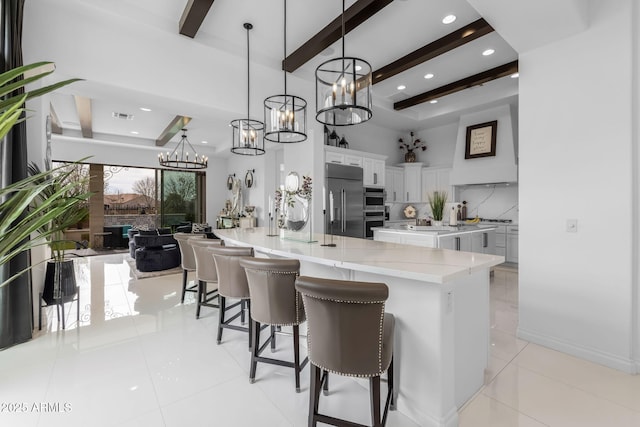 351 E Santa Lucia Ln, Queen Creek, AZ 85140 - kitchen featuring stainless steel built in fridge, a notable chandelier, beam ceiling, and backsplash