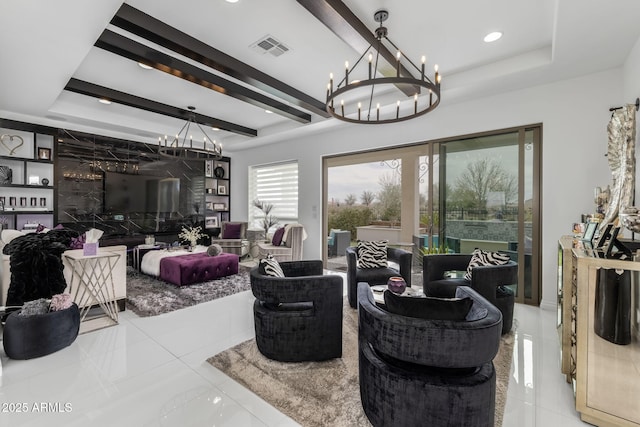 351 E Santa Lucia Ln, Queen Creek, AZ 85140 - living room featuring visible vents, beam ceiling, a tray ceiling, an inviting chandelier, and tile patterned flooring