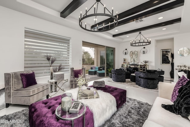 351 E Santa Lucia Ln, Queen Creek, AZ 85140 - bedroom with visible vents, beamed ceiling, access to outside, recessed lighting, and a notable chandelier