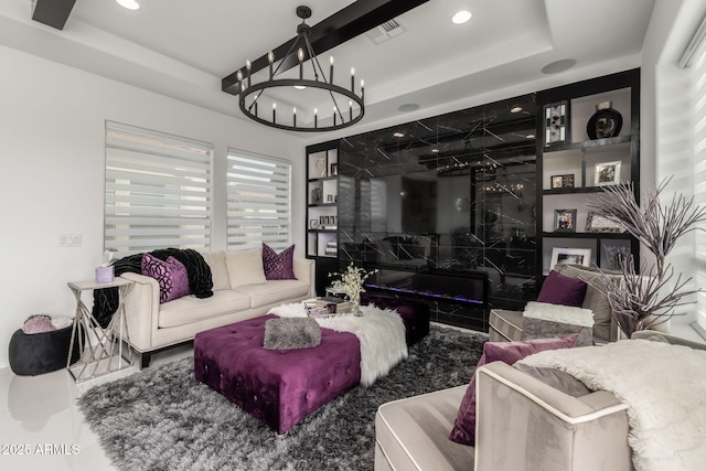 351 E Santa Lucia Ln, Queen Creek, AZ 85140 - living room featuring a notable chandelier, a raised ceiling, built in shelves, visible vents, and recessed lighting