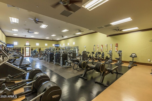 351 E Santa Lucia Ln, Queen Creek, AZ 85140 - exercise room with baseboards, crown molding, and ceiling fan