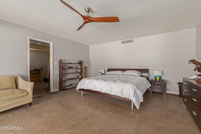 bedroom featuring ceiling fan, concrete floors, visible vents, and baseboards