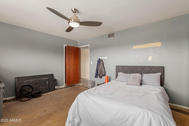 bedroom with concrete flooring, visible vents, ceiling fan, and baseboards