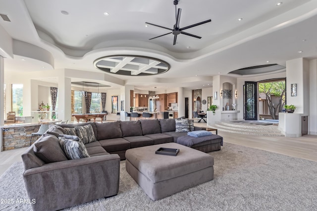 living room with billiards, ceiling fan, wood finished floors, and recessed lighting