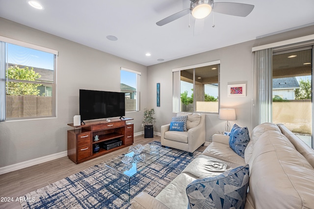 living room with wood-type flooring and ceiling fan