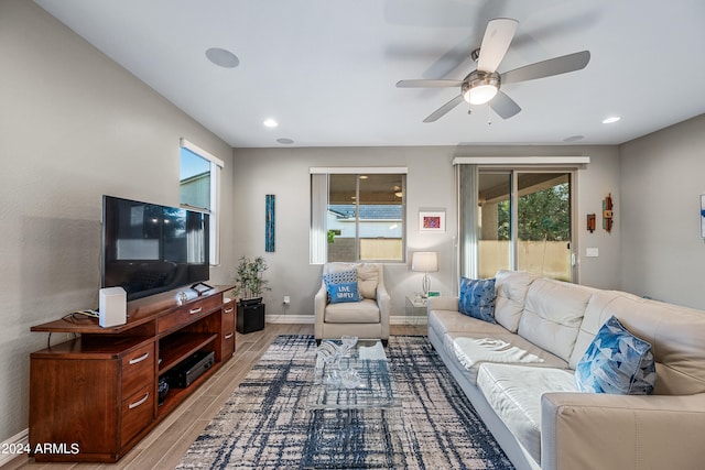 living room with ceiling fan