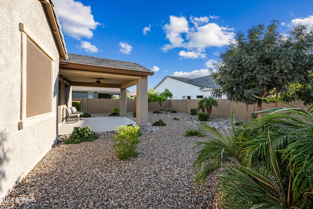 view of yard featuring ceiling fan and a patio