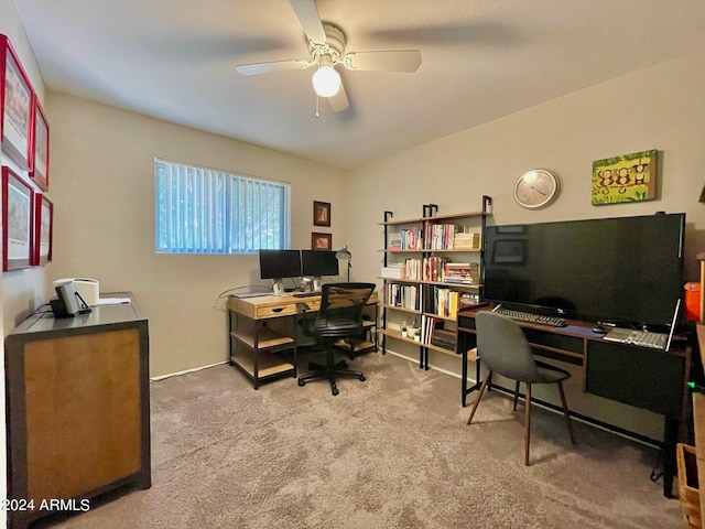 carpeted office with ceiling fan