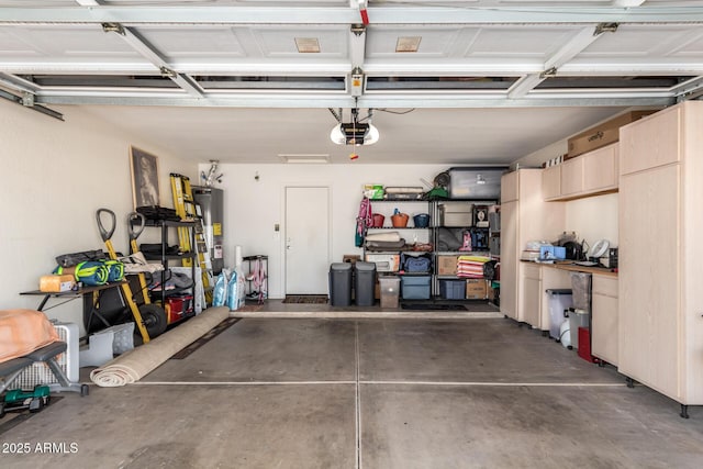 garage featuring a garage door opener and gas water heater